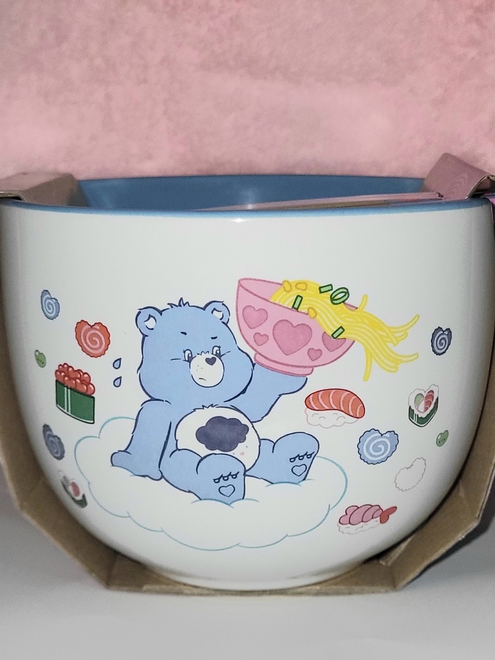 Care Bears Blue and Pink Ceramic Rice Bowl with Cute Bear Noodle Art